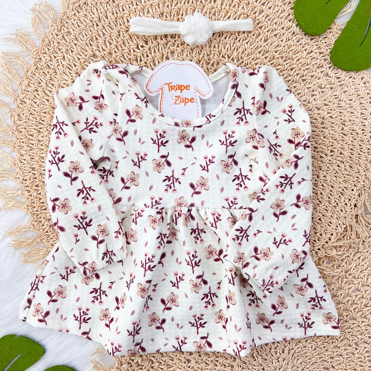 Vestido Manga Longa Floral com Faixinha de Cabelo - Areia e Bordo